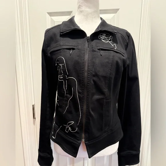 WHBM Cotton Blend Black Jacket with White Embroidery - Picture 4 of 9